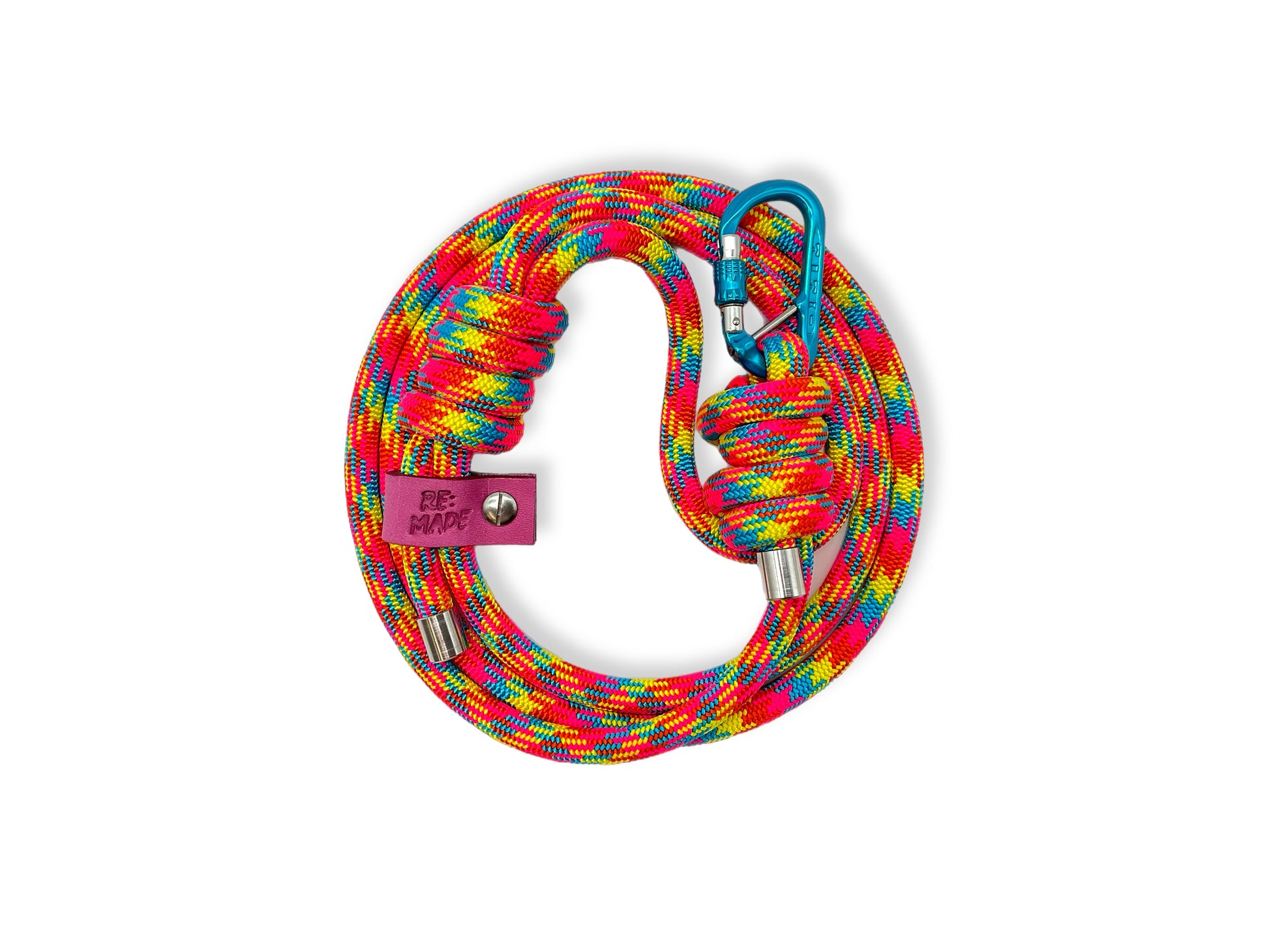 Colorful braided leash with a carabiner on a white background