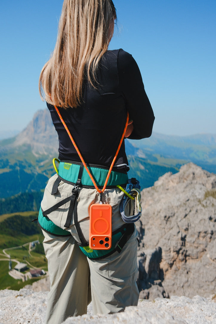 Solstice Orange crossbody phone sling by Re:Made, handmade from Mammut climbing cord, additional product view