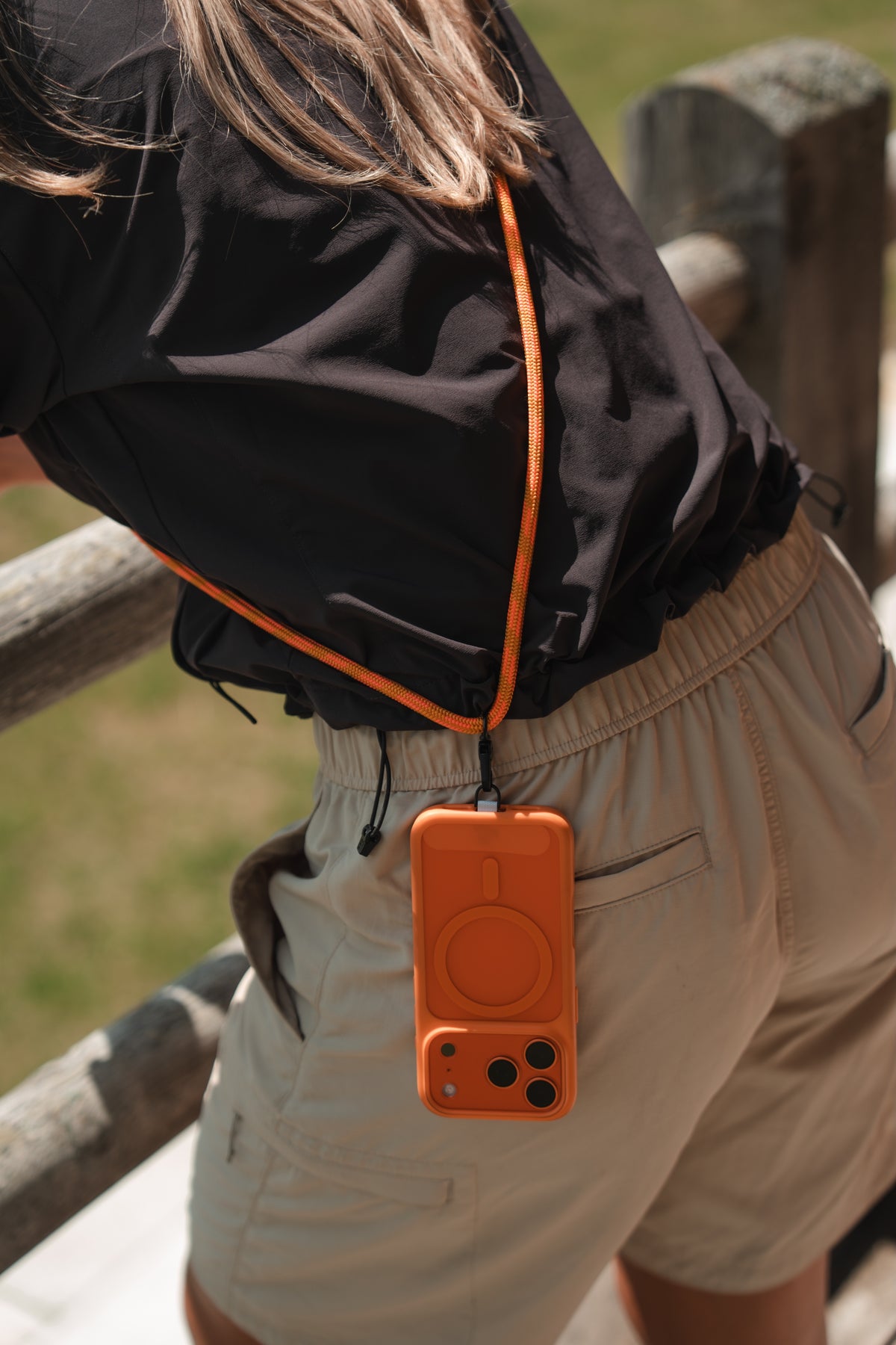 Solstice Orange crossbody phone sling by Re:Made, handmade from Mammut climbing cord, additional product view
